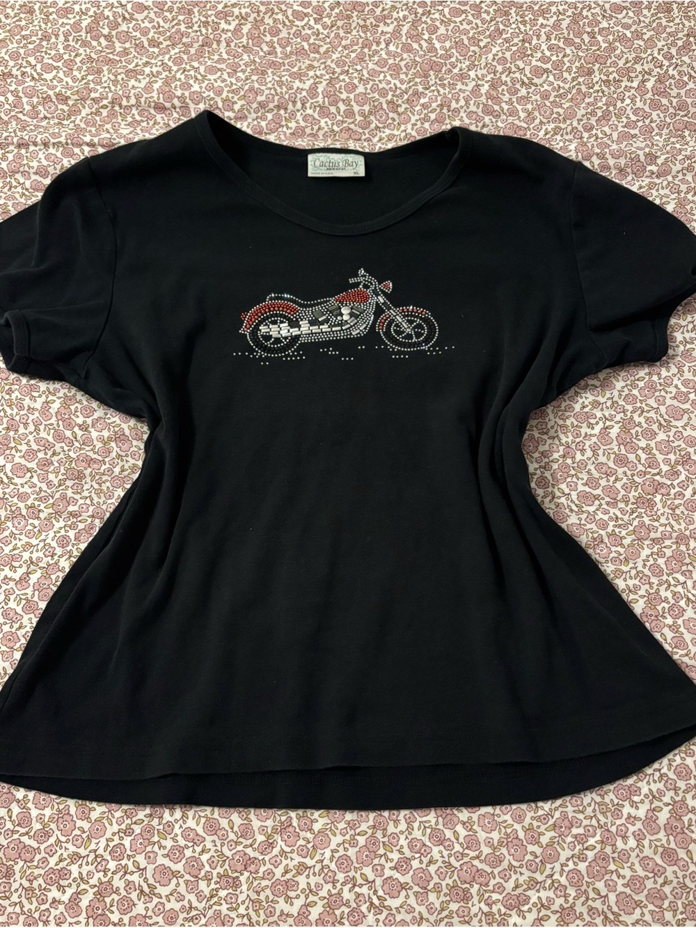 Cactus Black Tee with Red & Silver Rhinestone Motorcycle